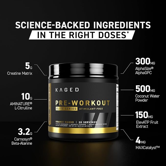 Kaged Pre Workout Elite Stim Free Powder | Cherry Limeade | Creatine Beta Alanine L-Citrulline | No Caffeine | 20 Servings