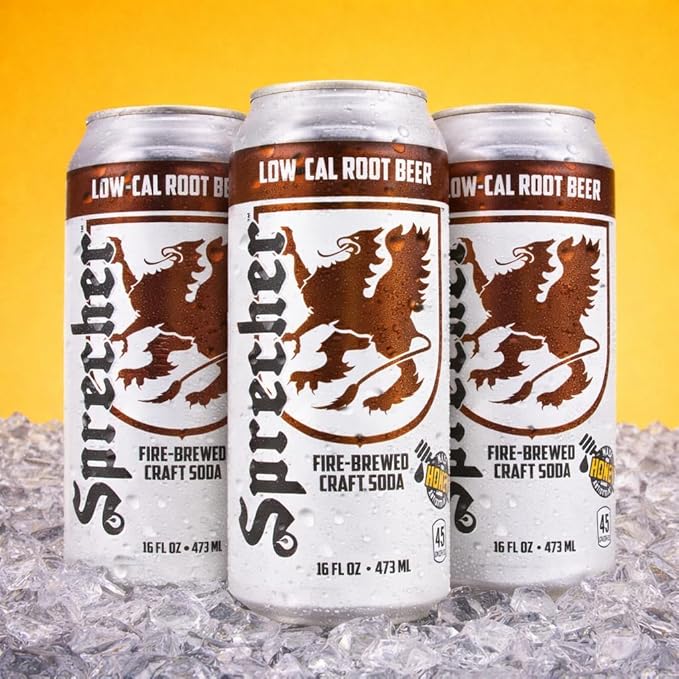Sprecher Low Cal Root Beer Soda 16 fl oz Cans (12 Pack) Fire-Brewed Reduced Calorie Craft Soda with Real Honey Caffeine-Free Gluten Free Kosher Gourmet Soft Drink