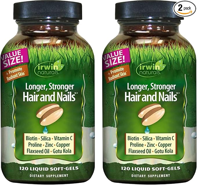 Irwin Naturals Longer Stronger Hair and Nails - 120 Liquid Softgels 2 Pack - Promotes Vibrant Shine Texture &amp Strength - 120 Total Servings