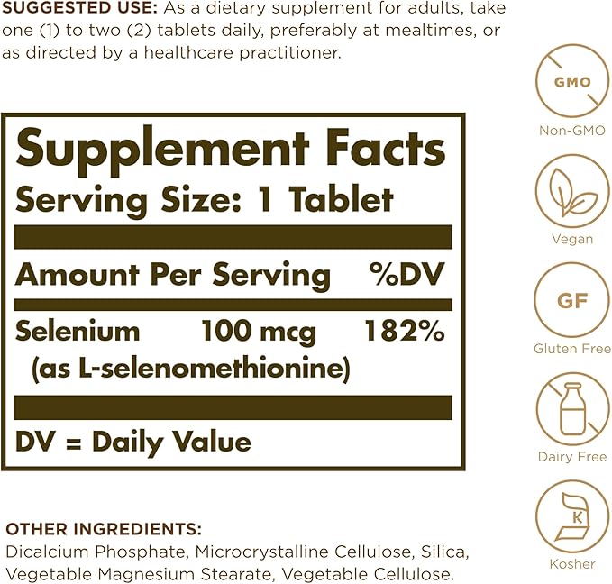 Solgar Yeast-Free Selenium 100 mcg - 100 Tablets Pack of 4 - Supports Antioxidant &amp Immune System Health - Non-GMO Gluten Free Dairy Free Kosher - 400 Total Servings
