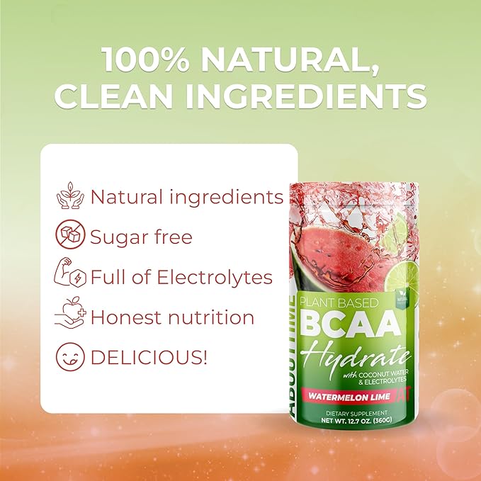 About Time BCAA Hydration Powder Watermelon Lime with L-Glutamine &amp Electrolytes Non-GMO Gluten Free Monk Fruit Coconut Water 20 Servings