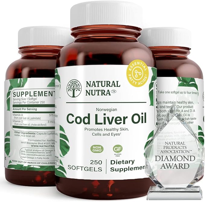 Natural Nutra Norwegian Cod Liver Oil Supplement Helps to Maintain Skin Helps Maintain Body Density Eye Health &amp Nerve Function Promotes Dental Health Supports Cardiovascular Health 250 Soft