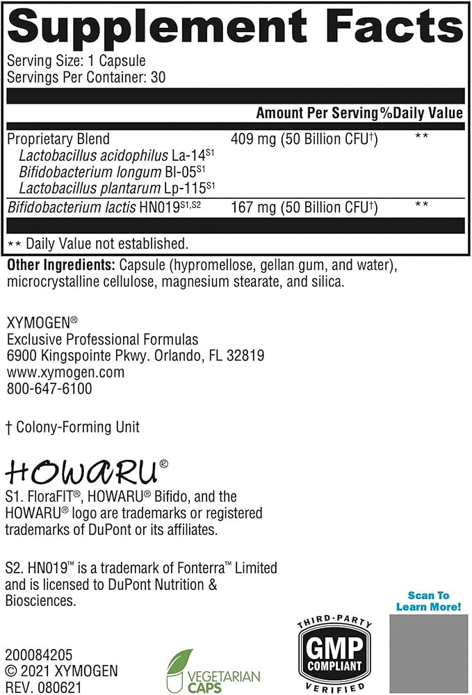 XYMOGEN ProbioMax Daily 100B - Probiotics for Digestive Health Support - Lactobacillus Acidophilus &amp Bifidobacterium Lactis HN019 - Vegetarian Gluten-Free &amp Non-GMO - 30 Capsules