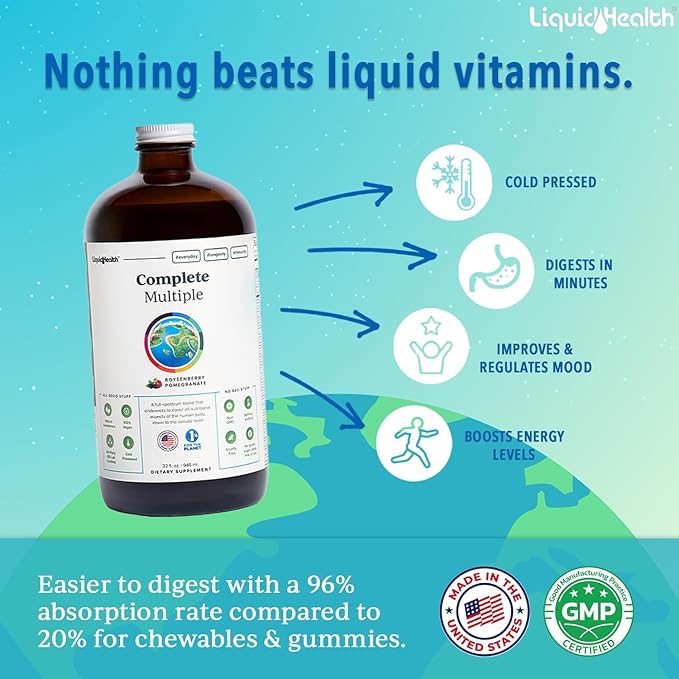 LIQUIDHEALTH Complete Multiple Adult Liquid Multivitamin - Essential Vitamins Minerals &amp Nutrients Immune Support Gut Health Energy Detox - Made in USA Vegan Non-GMO Sugar-Free (32 oz)