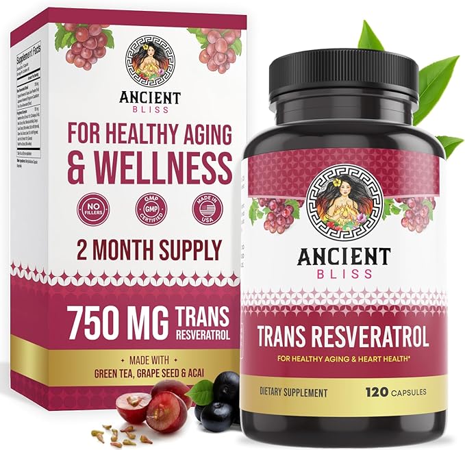 Ancient Bliss Resveratrol Powerful Antioxidant Supplement with Green Tea Grape Seed Extract for Healthy Aging for Men &amp Women