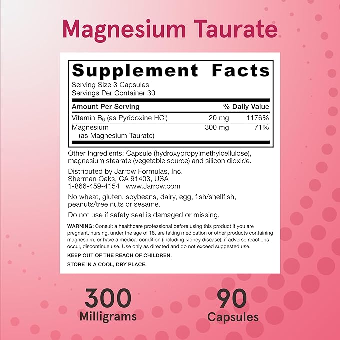 Jarrow Formulas Magnesium Taurate Dietary Supplement Supports Cardio and Bone Health 300 mg per Servings 90 Veggie Capsules Up to a 30 Day Supply