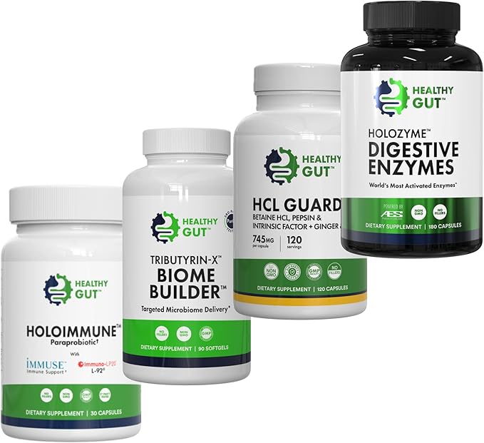 Healthy Gut HoloImmune 30 Capsules Tributyrin-X 90 Softgels HCL Guard 120 Capsules and HoloZyme 180 Capsules