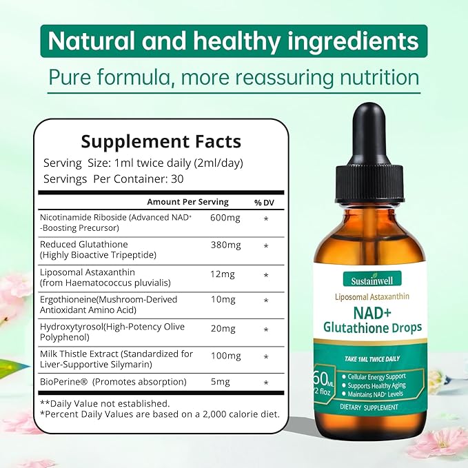 NAD+ Glutathione Liquid Drops with Liposomal Astaxanthin - Supports Cellular Energy Dual Antioxidant Action Healthy Aging - Fast Absorption High Bioavailability Vegan 2.04 Fl Oz