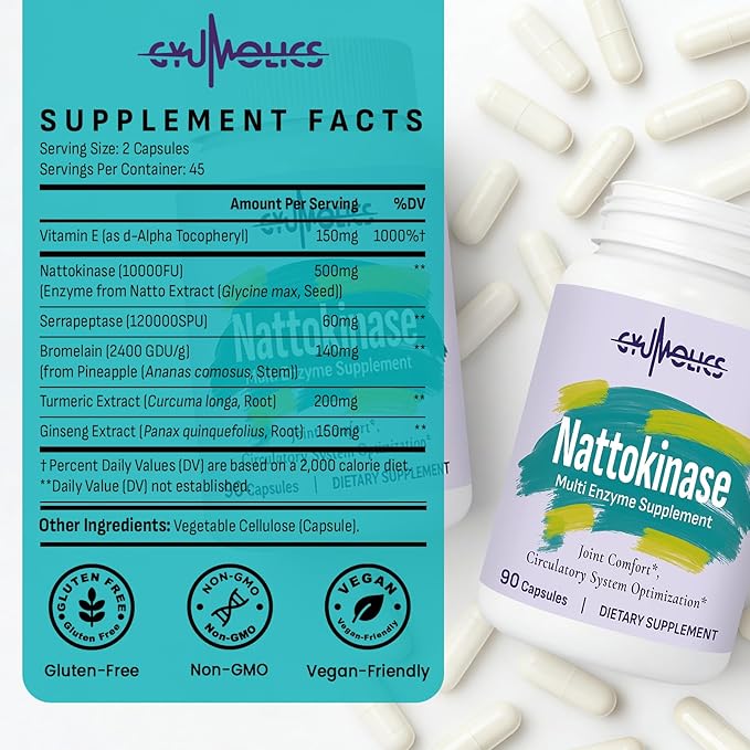 Nattokinase Supplement 10000FU with Organic Nattokinase Serrapeptase Bromelain Curcumin Vitamin E &amp Ginseng Movement Comfort 90 Capsules