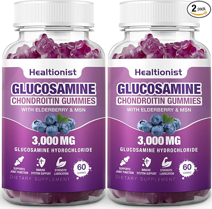 2 Packs 3000mg Glucosamine Chondroitin Gummies with MSM &amp Elderberry - Extra Strength Joint Health Flexibility Antioxidant Immune Support Supplement Gummy for Adults Men &amp Women 120 Cts