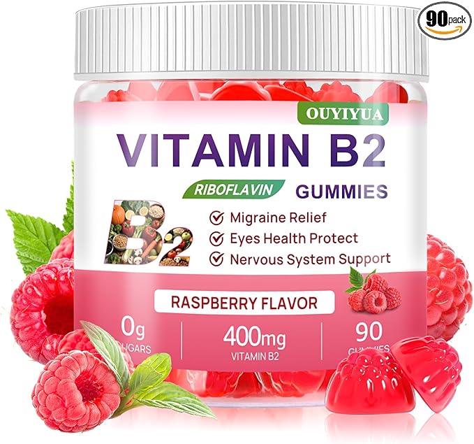 Vitamin B2 Gummies Riboflavin 400mg Supplement with Magnesium for Kids &amp Adults B2 Gummies for Migraine Relief Headache Relief &amp Nervous System Support Vegan Sugar-Free Raspberry Flavor 90
