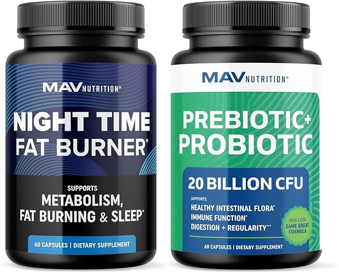MAV NUTRITION Night Time Fat Burner Capsules and Probiotic &amp Prebiotic Capsules | Overnight Metabolism Booster for Stomach Fat Burning Gut Health Support | Comprehensive Digestive Wellness