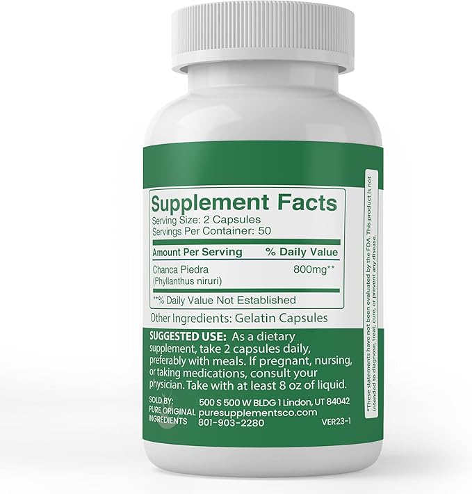 PURE ORIGINAL INGREDIENTS Chanca Piedra (100 Capsules) Always Pure No Additives Or Fillers Lab Verified (Pack of 2)