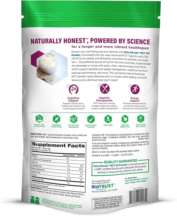 BioTrust Keto Elevate – C8 MCT Oil Powder – Ketogenic MCT Coffee Creamer Keto Coffee Creamer – Clean Energy Mental Focus Clarity –100% Caprylic Acid MCT Powder Non-GMO(French Vanilla 20 Servings)