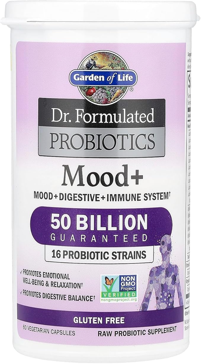 Garden of Life Dr. Formulated Probiotics Mood+ - 50 Billion CFU - Supports Relaxation &amp Digestive Health - Shelf Stable - 60 Vegetarian Capsules