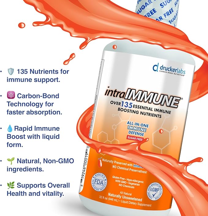 Drucker Labs -intraIMMUNE Organic Liquid Daily Immune &amp Defense Support Multivitamin Elderberry Echinacea Zinc Vitamin D C E Vegan Non GMO Gluten Free (32 oz. Sugar Free Peach Berry)