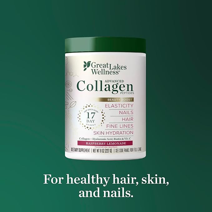 Great Lakes Wellness Beauty Boost Advanced Collagen Peptides Powder with Hyaluronic Acid Biotin Vitamin C - Skin Elasticity and Hydration - Raspberry Lemonade Flavor - Non-GMO Keto Kosher - 8 oz