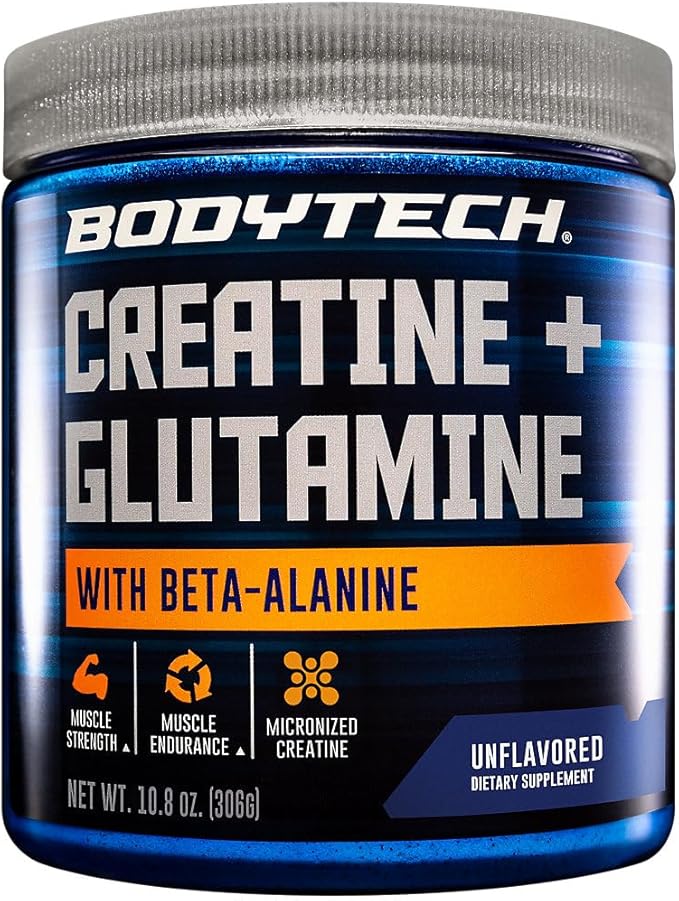 BodyTech Creatine + Glutamine with Beta Alanine Powder Supports Training &amp Recovery Pre Workout &amp Post Workout Supplement for Men &amp Women Unflavored Gluten Free 10.8 Oz 30 Servings