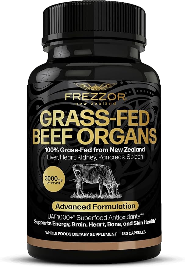 FREZZOR New Zealand 100% Live-Grass-Fed Beef Organs Complex Supports Whole Body Wellness and Energy with Proprietary Blend of Liver Heart Kidney Pancreas &amp Spleen Non-GMO 3000mg 180 Capsule