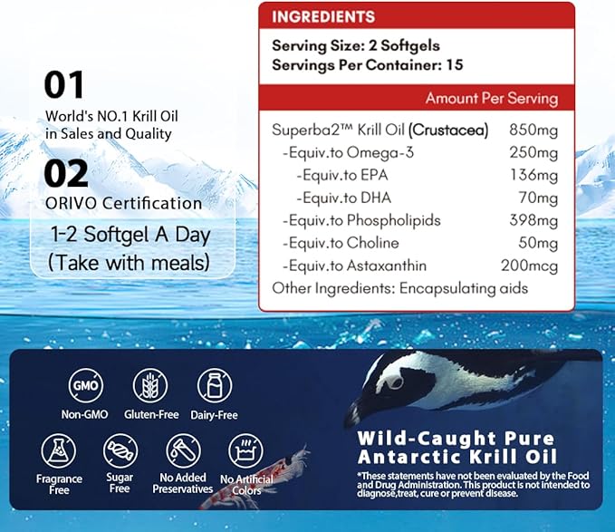 NYO3 Pure Antarctic Krill Oil Omega 3 Supplement Beyond Fish Oil with Choline &amp Antioxidant Astaxanthin for Heart Brain GMP Third Party Tested No Fishy Burps - 425mg 30 Softgels