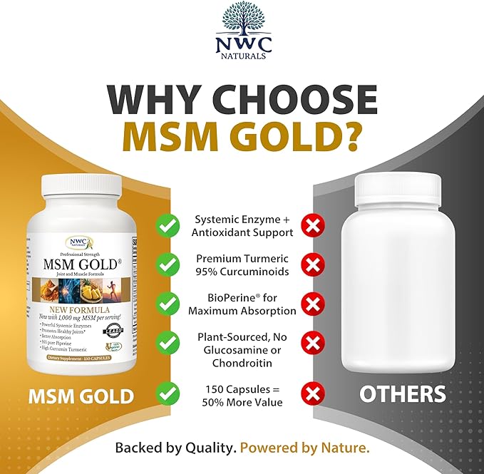 NWC Naturals MSM Gold – Systemic Enzyme Supplement with Turmeric Tomato Lycopene &amp BioPerine for Nutrient Absorption – Joint &amp Muscle Support – 150 Antioxidant-Rich Vegetarian Capsules