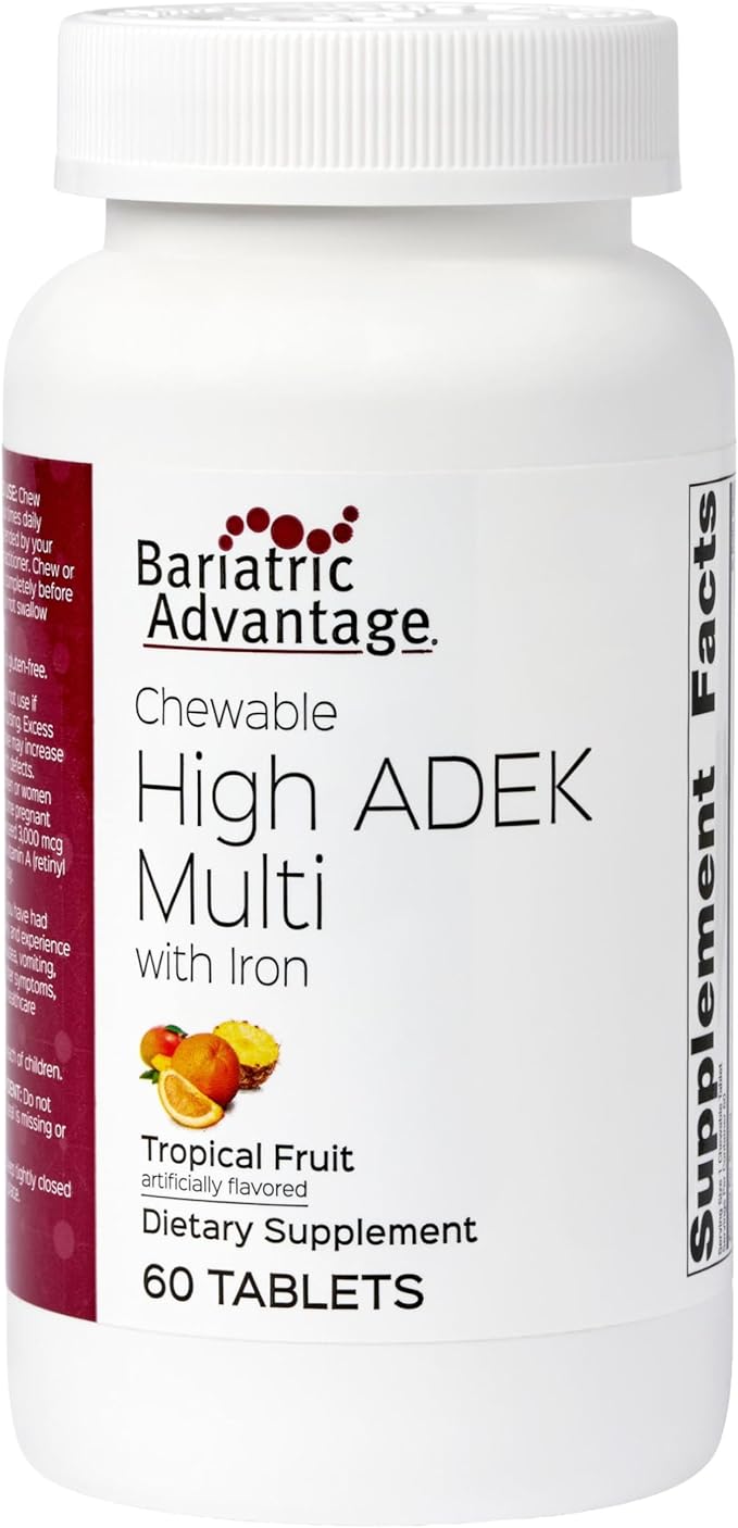 Bariatric Advantage Chewable High ADEK with Iron - for Bariatric Patients - High Potency Vitamin A D E &amp K - Includes B-Vitamins - Chewable Multivitamins - Tropical Fruit - 60 Count