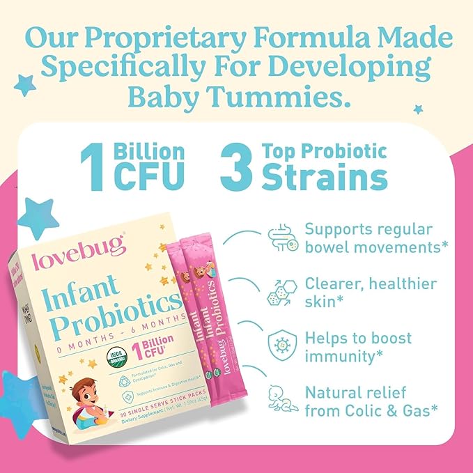 LOVEBUG Infant Probiotics 0-6 Months - USDA Organic Probiotics for Babies Supports Baby Gas Colic Diarrhea and Newborn Constipation Relief Allergen &amp Sugar Free Tasteless Powder 60 Pack