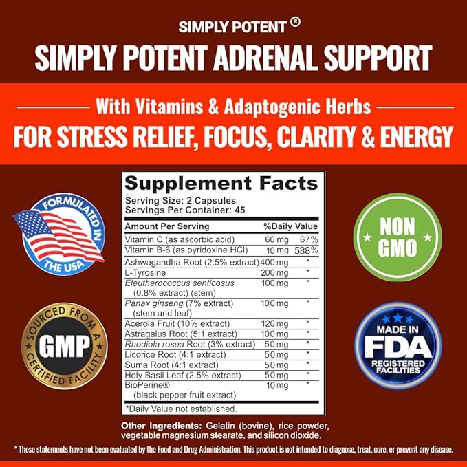 Simply Potent Adrenal Support and Cortisol Manager - 90 Capsules Adrenal Health Supplement with Ashwagandha Licorice Root Rhodiola Rosea Ginseng Holy Basil for Adrenal Fatigue for Women &amp Men
