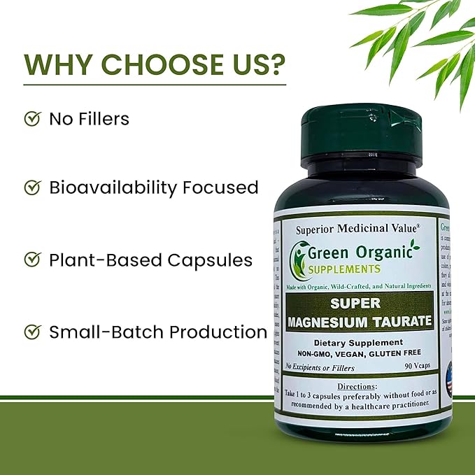 Magnesium Taurate High Absorbable 90 VCaps Non-GMO Vegan &amp Gluten Free Made with Organic Wild-Crafted and Natural Ingredients (Pack of 5)