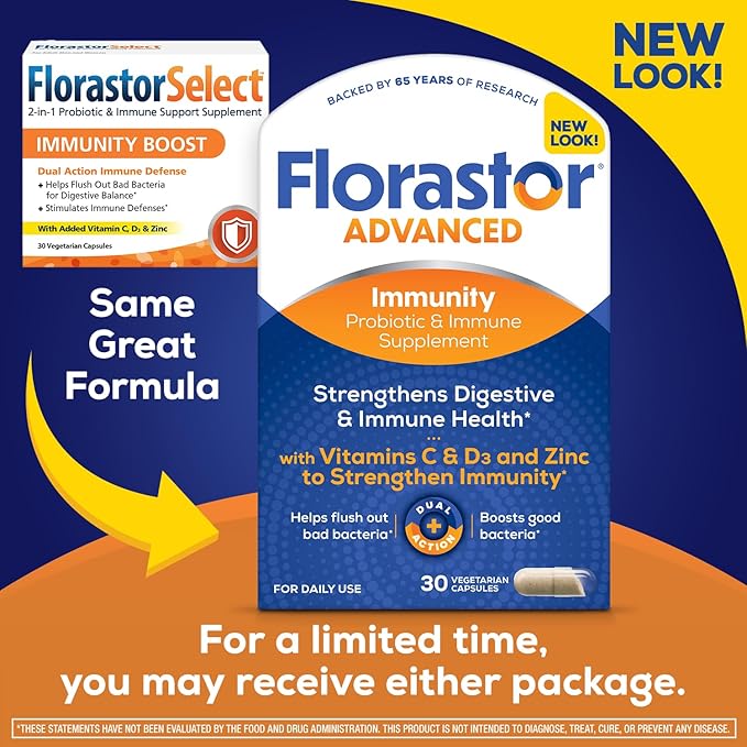 Florastor Select Immunity Boost Daily Probiotic &amp Immune Support Supplement for Women and Men Saccharomyces Boulardii CNCM I-745 Plus Zinc Vitamin C &amp D3 (30 Capsules)
