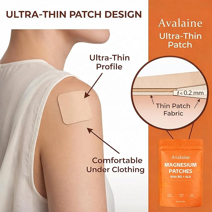 Avalaine Magnesium Patches with Magnesium Chloride Vitamin B12 Folic Acid &amp Alpha-Lipoic Acid 30 Patches