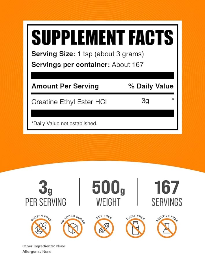 BulkSupplements.com Creatine Ethyl Ester HCl Powder - Creatine Supplement Creatine Ethyl Ester Powder - Unflavored &amp Gluten Free 3g per Serving 500g (1.1 lbs) (Pack of 1)