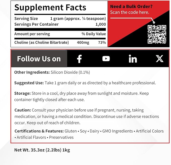 Choline Bitartrate (DL+) Powder 1000 Grams - Food Grade Coated Nootropic Nutraceutial Supplement Bulk Ingredient - 1 kg (2.2 lb)