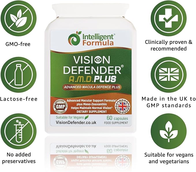 Vision Defender Plus Eye Supplement: AREDS2 Formula Vitamins Minerals (Lutein Zinc) Enhanced with Meso-Zeaxanthin for Complete Eyes/Eyesight Health Care &amp Support. 60 Easy-to-Swallow Vegan Capsu