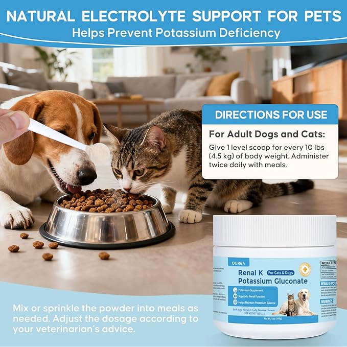Renal K Potassium Gluconate for Dogs and Cats – 2.2 mEq per Scoop – Supports Kidney Function Restores Potassium Levels – Boosts Energy – Muscle Strength – Vet-Recommended
