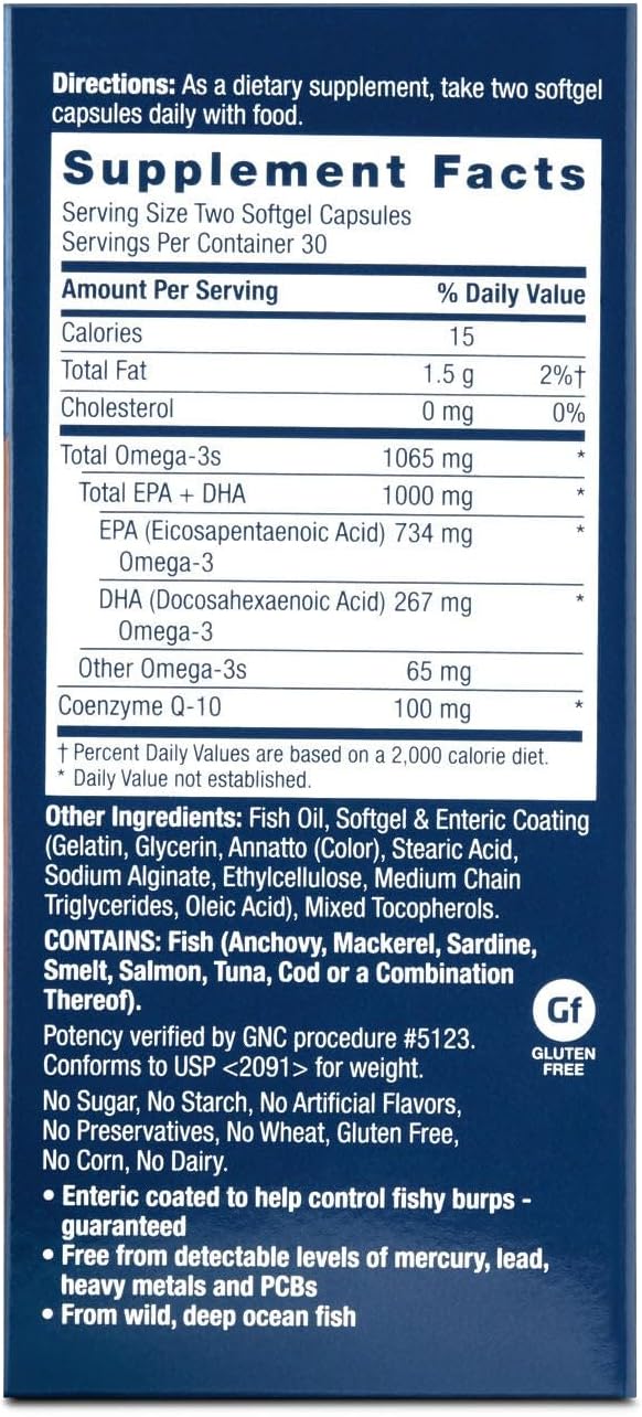 GNC Triple Strength Fish Oil Plus CoQ10 Omega 3 Supplement 1000mg EPA and DHA 100mg CoQ10 Heart and Circulatory Health Plus Skin Joint Brain and Eye Coated to Control Fishy Burps 30 Servings