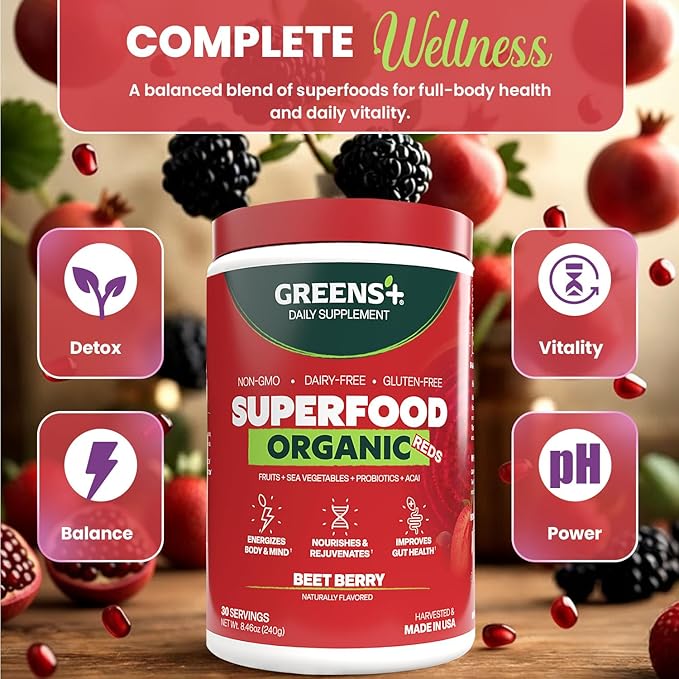 Greens+ Organic Reds Superfood Powder Antioxidant Polyphenol Blend for Morning Kick Energy Vitality Boost Nutrition Vibrant Health Vegan Soy/Dairy/Gluten Free(8.46oz)