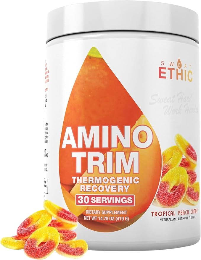 Sweat Ethic Amino Trim Pre Workout Powder with Amino Acids for Men &amp Women (14.09 Ounce Tropical Peach Candy)