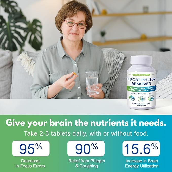 Throat Phlegm Remover – Fast Relief for Throat Phlegm &amp Coughing – Citicoline Supplement for Respiratory Throat &amp Brain Health – Non-GMO Gluten-Free 60 Tablets