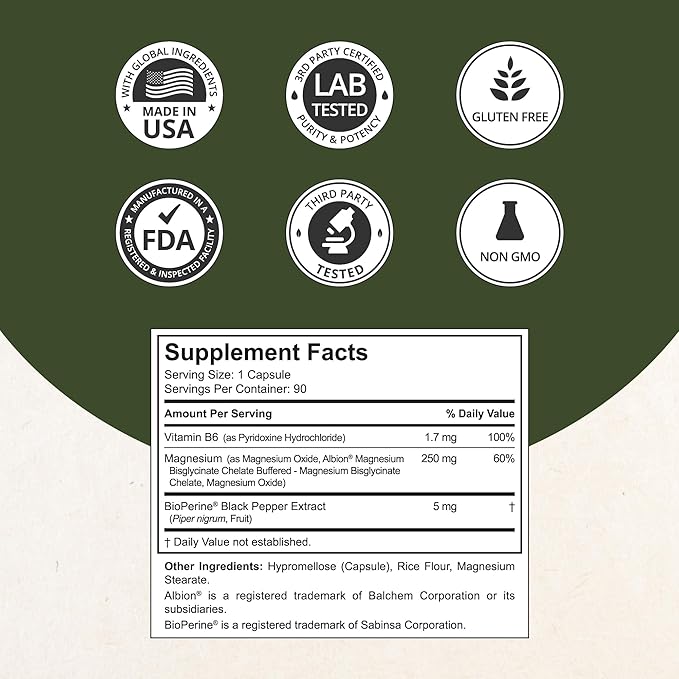 Magnesium Glycinate Chelate Complex with Albion Magnesium Bisglycinate Chelate Vitamin B6 &amp BioPerine for Bone Muscle Natural Sleep Nerve Function Brain Booster | Pack 2