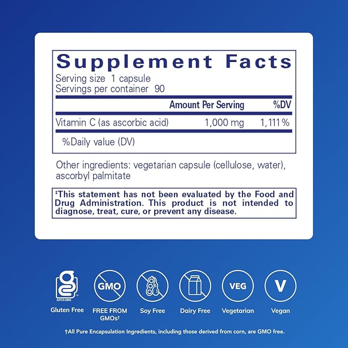 Pure Encapsulations Ascorbic Acid Capsules - 1000 mg Vitamin C - Antioxidant &amp Immune Support* - High-Potency Vitamin C - Vegan &amp Non-GMO - 90 Capsules