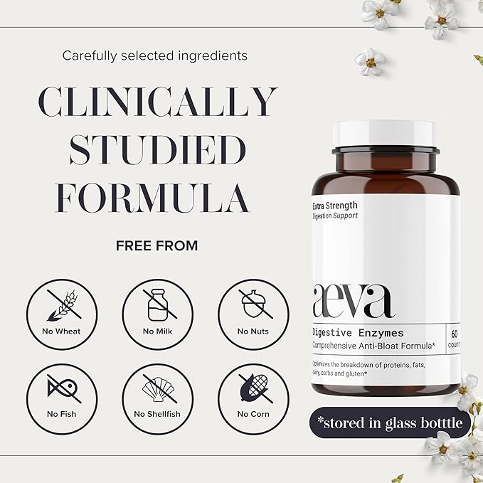 Aeva Digestive Enzymes – Anti-Bloat &amp Gas Relief for Dairy Gluten Protein &amp Fat – Broad-Spectrum Enzyme Formula with Single Capsule Convenience – Made in California &amp Functional Medicine
