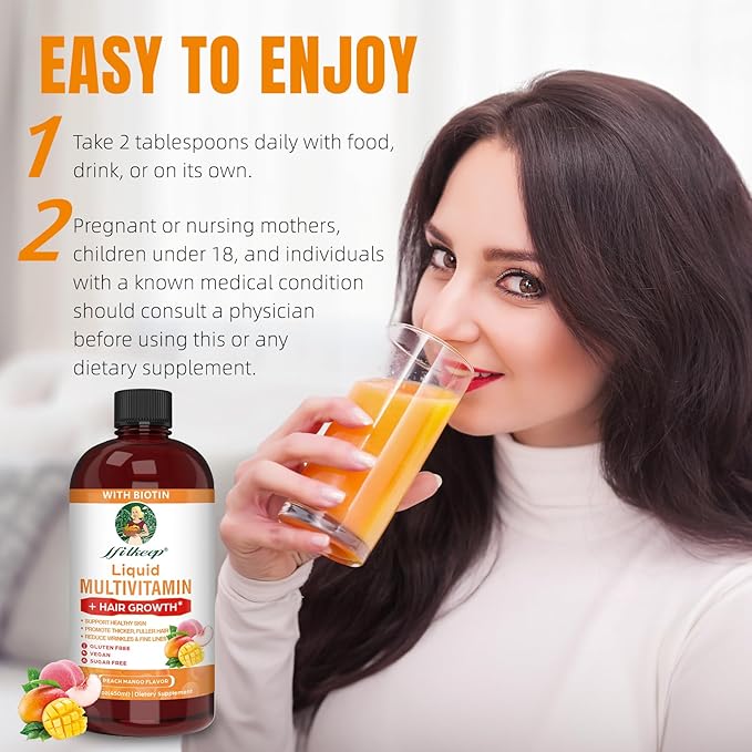 Liquid Multivitamin for Hair Growth | Biotin 10000mcg | Hair &amp Skin Support Supplement | Clinically Tested for Thicker Hair &amp Skin Elasticity | Suitable for Women &amp Men Ages 18+ | 15.22 F