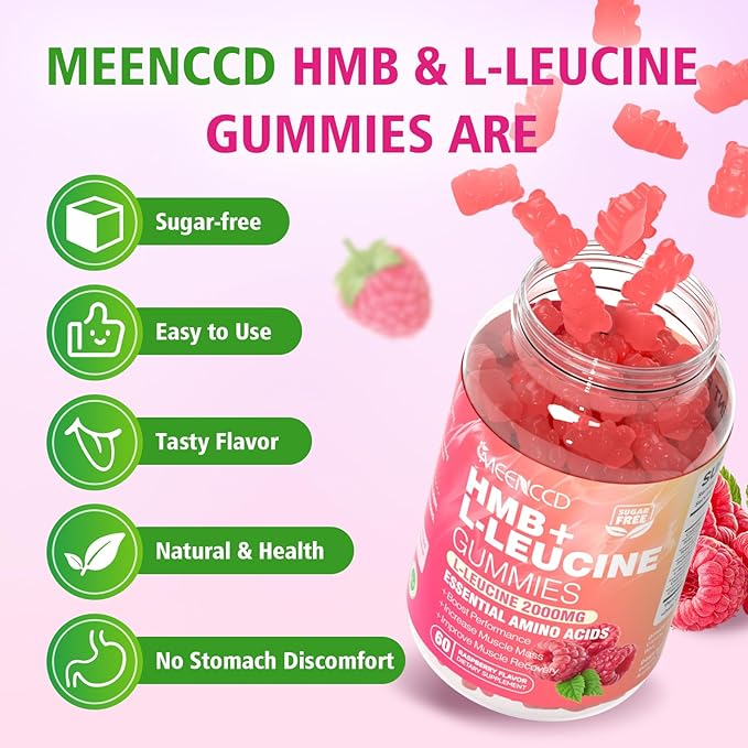 MEENCCD 2 Pack HMB and L-Leucine Gummies HMB and Leucine Amino Acid for Muscle Growth Muscle Maintenance and Muscle Function for Men &amp Women Sugar-Free Raspberry Flavor 120 Count