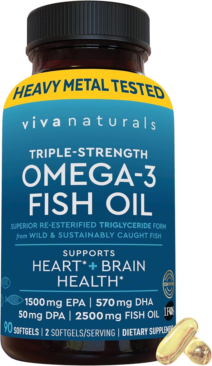 Viva Naturals Triple Strength Omega 3 Fish Oil Pills – 2500 mg High-Potency Formula with 2250 mg Omega 3 Fatty Acids (Including EPA DHA DPA) in rTG Form for Absorption – IFOS Certified 90 Softgels