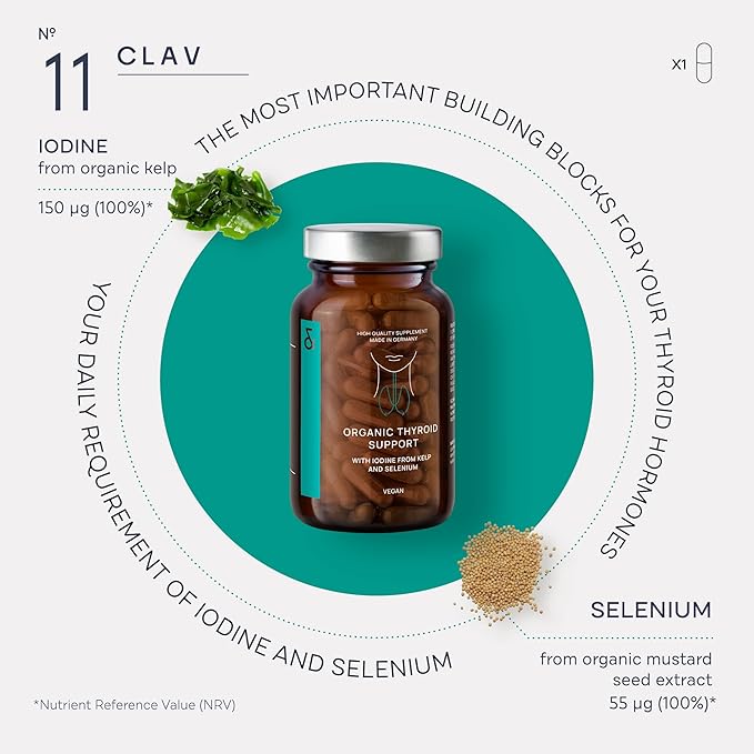 Organic Thyroid Support Supplement with Iodine from Sea Kelp Organic and Selenium from Mustard Seed Extract - 120 Capsules - Natural Thyroid Supplement for Men &amp Women - Vegan and Gluten Free
