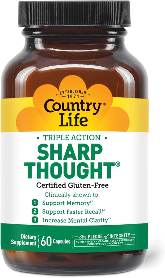 Country Life Sharp Thought - Memory &amp Cognitive Support Supplement – Sharp-PS Gold Phosphatidylserine + DHA – Promotes Mental Clarity &amp Faster Recall – Gluten-Free 60 Capsules
