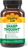 Country Life Sharp Thought - Memory &amp Cognitive Support Supplement – Sharp-PS Gold Phosphatidylserine + DHA – Promotes Mental Clarity &amp Faster Recall – Gluten-Free 60 Capsules