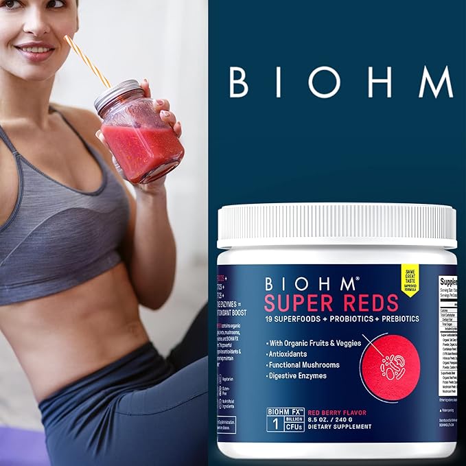 BIOHM Super Reds Beet Root Powder Antioxidant Smoothie Mix with Tart Cherry Extract and 19 Red Whole Foods Packed with Prebiotics and Probiotics Non-GMO Red Berry Flavor 30 Servings