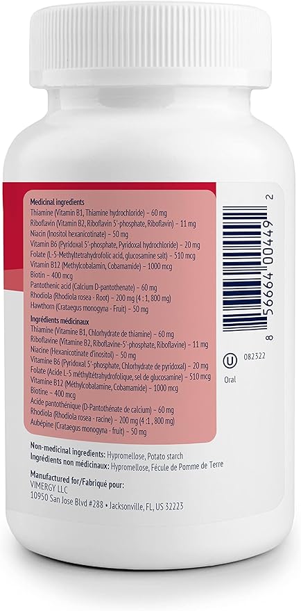 Vimergy Adapto B Complex 120 Servings – High Potency with 8 B Vitamins Rhodiola &amp Hawthorn Berry – Supports Mental Energy Cognition Mood - Non-GMO Kosher Vegan Paleo No Gluten No Soy